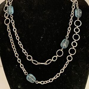 46” silver tone geometric chain necklace with aqua blue crystal beads
